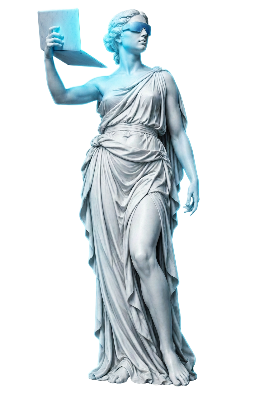 Escultura clásica sosteniendo un portátil con luz azul hielo